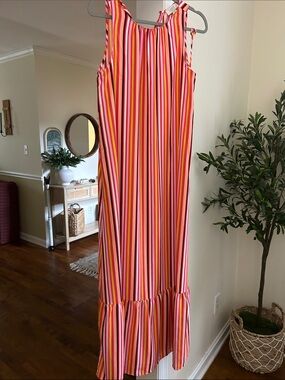 LOFT Outlet Bright Multi-Stripe Sleeveless Dress in Pink, Orange & Yellow
